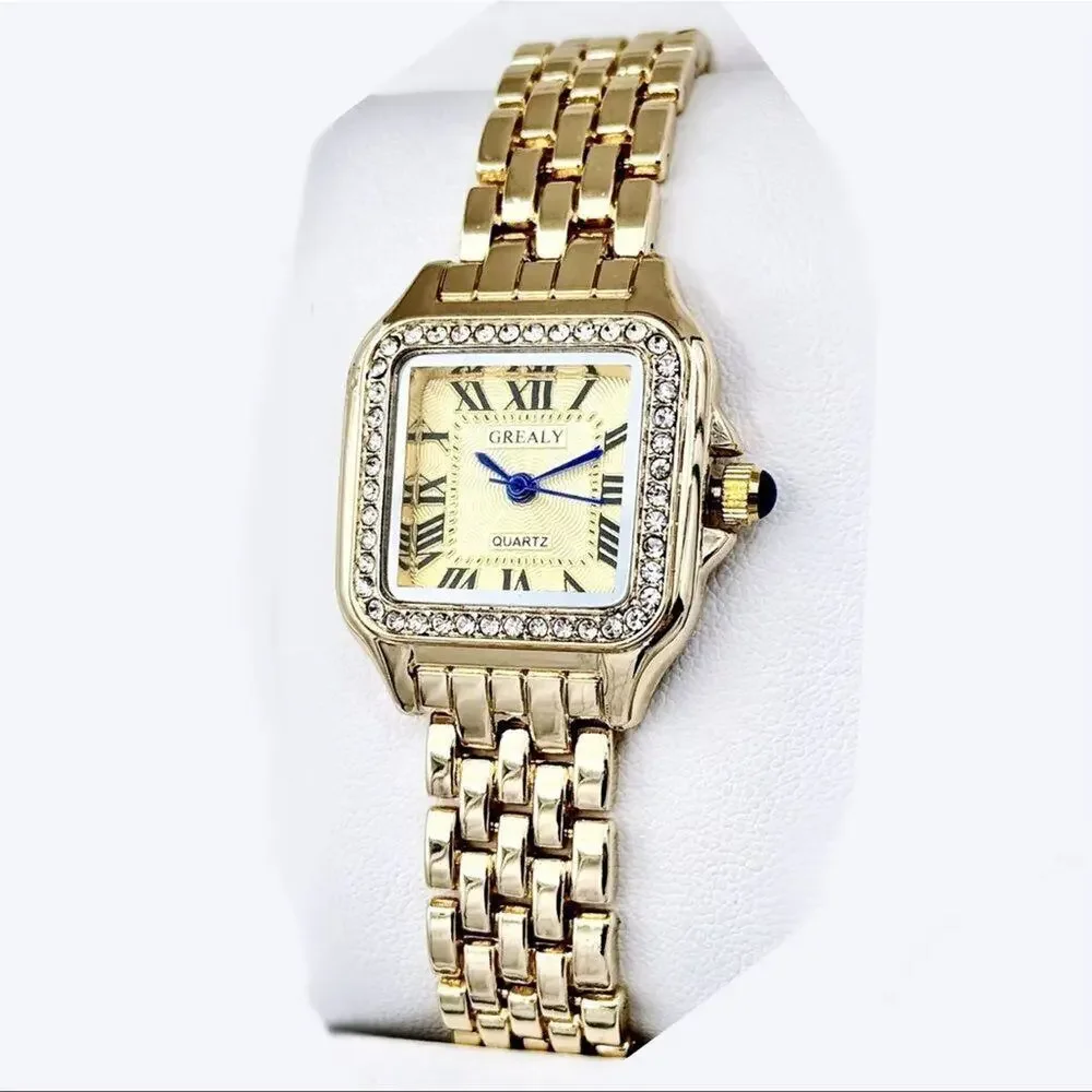 Luxury Gold Plated Zircon Square Quartz Watch